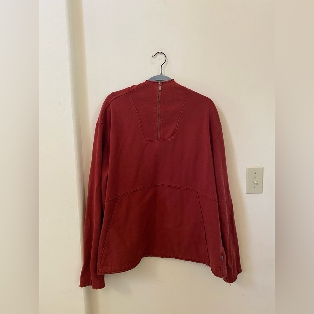 REI Men’s XL Rust Red Hooded Quarter Zip Pullover Raw Hem Cotton Outdoor Layer